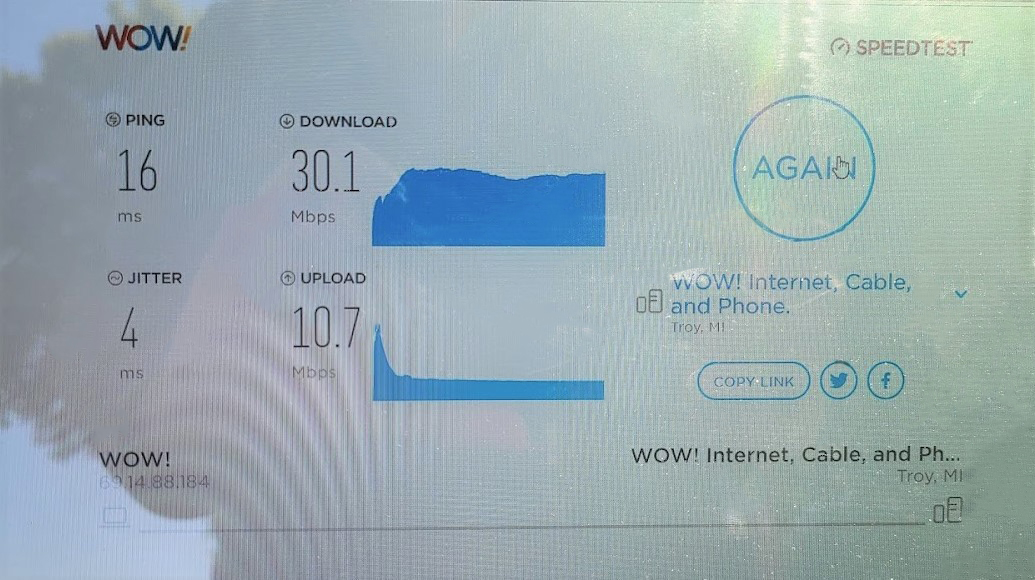 A speed test from WOW!’s Ookla Speedtest Custom website 